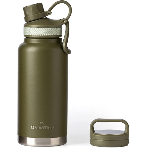 GrandTies 2 Lids Sports Stainless Steel Water Bottles - Olive Green