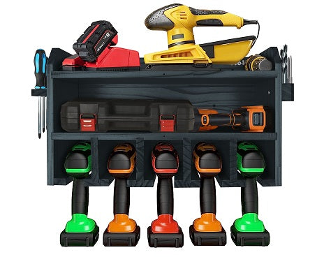 Pro Lift Cordless Drill Organizer – wall mount power tool storage rack, 5 hanging slots, wooden M-003W1