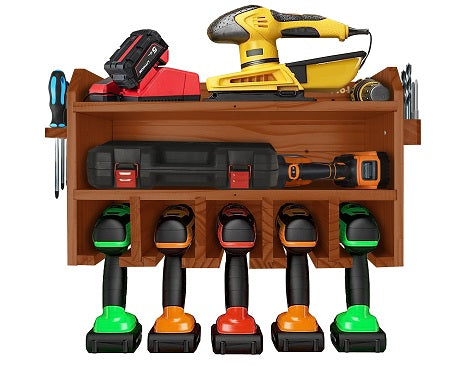 Pro Lift Cordless Drill Organizer – wall mount power tool storage rack, 5 hanging slots, wooden M-003W2