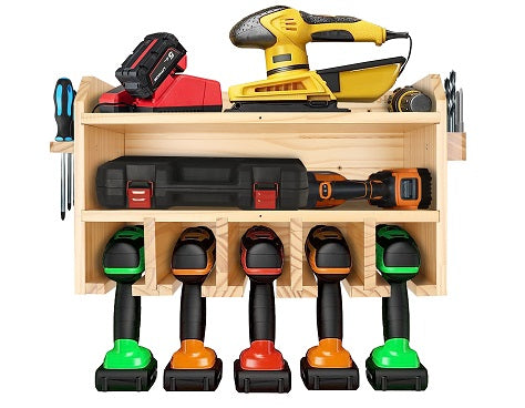 Pro Lift Cordless Drill Organizer – wall mount power tool storage rack, 5 hanging slots, wooden M-003W