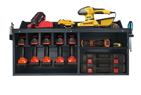 Pro Lift Cordless Drill Organizer – wall mount power tool storage rack, 5 hanging slots, wooden M-004W1