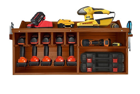 Pro Lift Cordless Drill Organizer – wall mount power tool storage rack, 5 hanging slots, wooden M-004W2