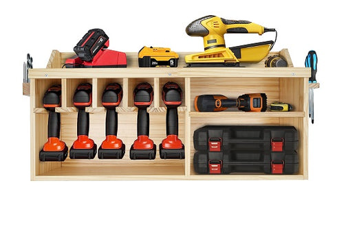 Pro Lift Cordless Drill Organizer – wall mount power tool storage rack, 5 hanging slots, wooden M-004W