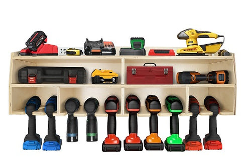 Pro Lift Cordless Drill Organizer – wall mount power tool storage rack, 10 hanging slots, wooden M-005W