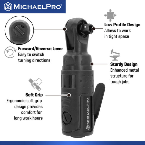 MICHAELPRO MPA01044 1/4-INCH DRIVE MINI AIR RATCHET WRENCH, 35 FT-LBS MAX TORQUE OUTPUT