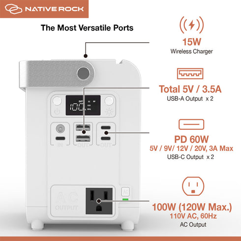 Native Rock 100W Portable Power Station & Wireless Charger, 26400mAh Camping Power Generator, 1 AC Outlet, Torch and LED Light, for Outdoors Camping Travel Hunting Blackout | NRP01