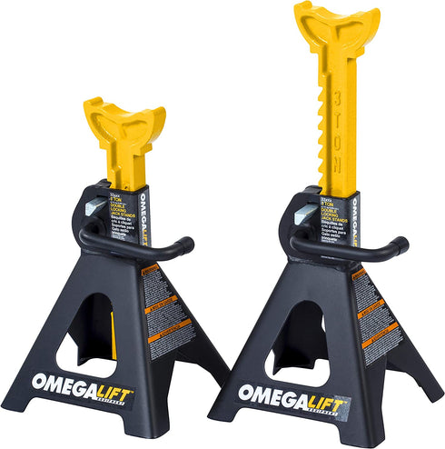 Omega Lift 3 Ton Jack Stands Pair - Heavy Duty Double Locking Pins - Handle Lock and Mobility Pin for Auto Repair Shop, Black/Yellow