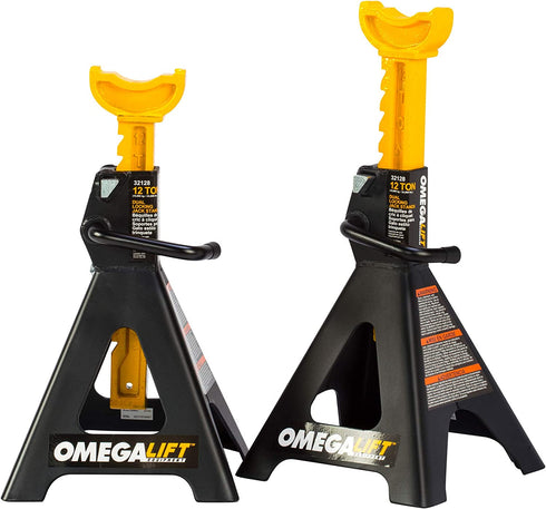 Omega Lift 32128 Heavy Duty 12 Ton Jack Stands Pair - Double Locking Pins - Handle Lock and Mobility Pin for Auto Repair Shop with Extra Safety