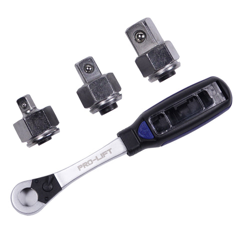 Pro-Lift 3 in 1 Go Through Socket Ratchet Wrench - 1/2" 1/4" 3/8" Drive Adaptors