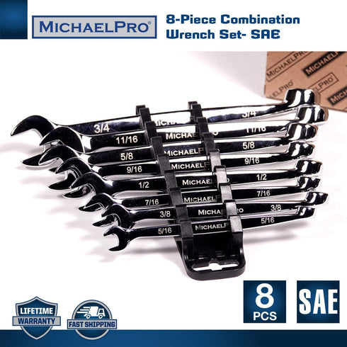MichaelPro MP001014 8-piece SAE Combination Wrench Tool Set - Spiral Grip Design