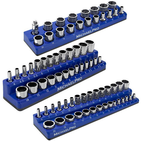 MichaelPro 3-PC Metric Magnetic Socket Organizer - 1/4, 3/8, & 1/2-inch Drive